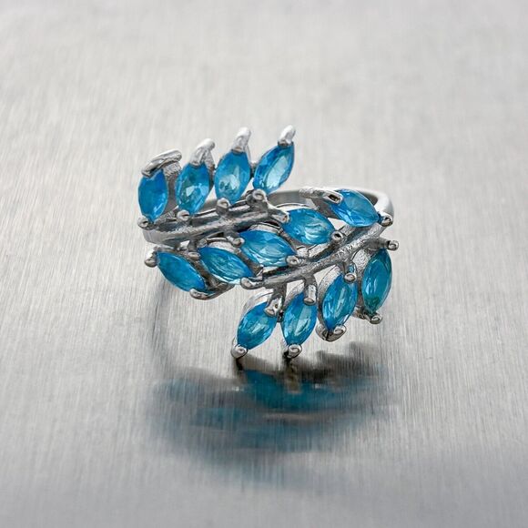 Vintage Sterling Silver 925 Three Row Blue Marquis Cubic Zirconia Ring Size 6 - Picture 7 of 9